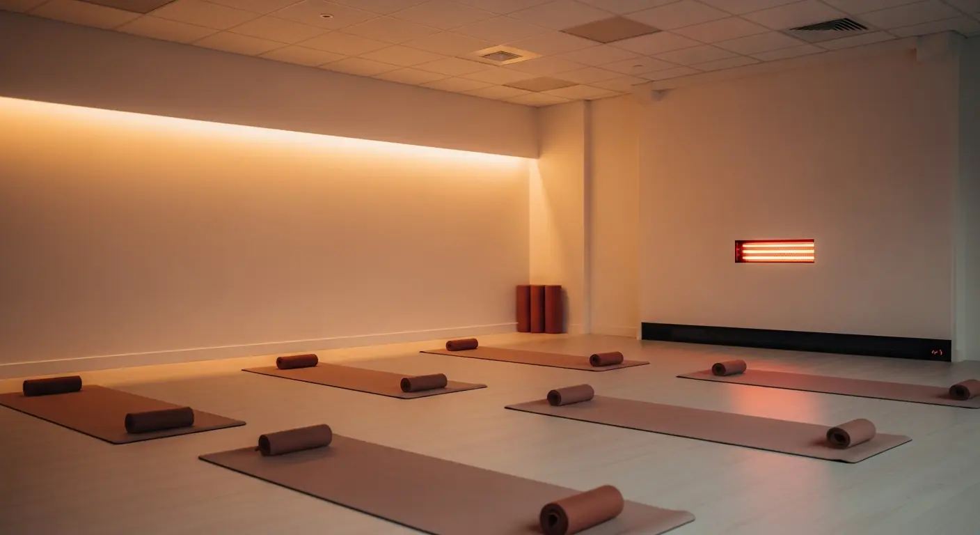 An empty heated yoga studio with mats laid out under a warm wall light