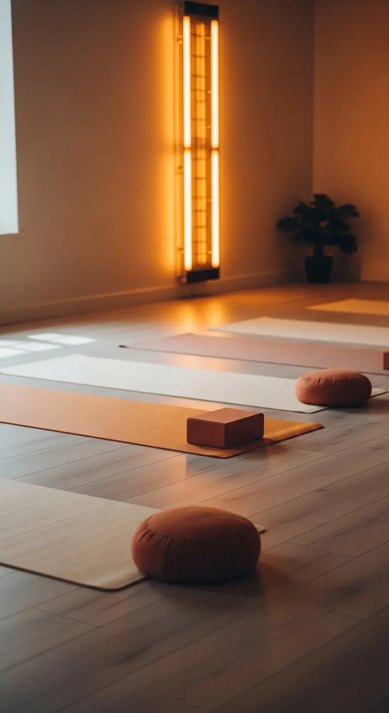 A glowing infrared heat panel on a yoga room wall, mats and cushions on the floor